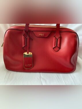 LAUREN RALPH LAUREN Bowling Bag Purse, Red Saffiano Leather, NEW
